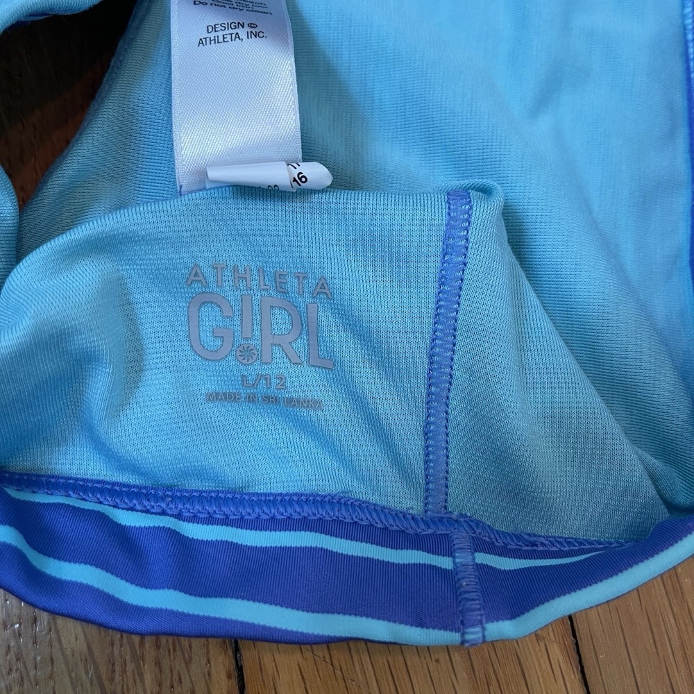 Athleta Girl Sports Bra Size Large 12 Blue Striped Cross Back Stretchy Soft - Picture 3 of 4